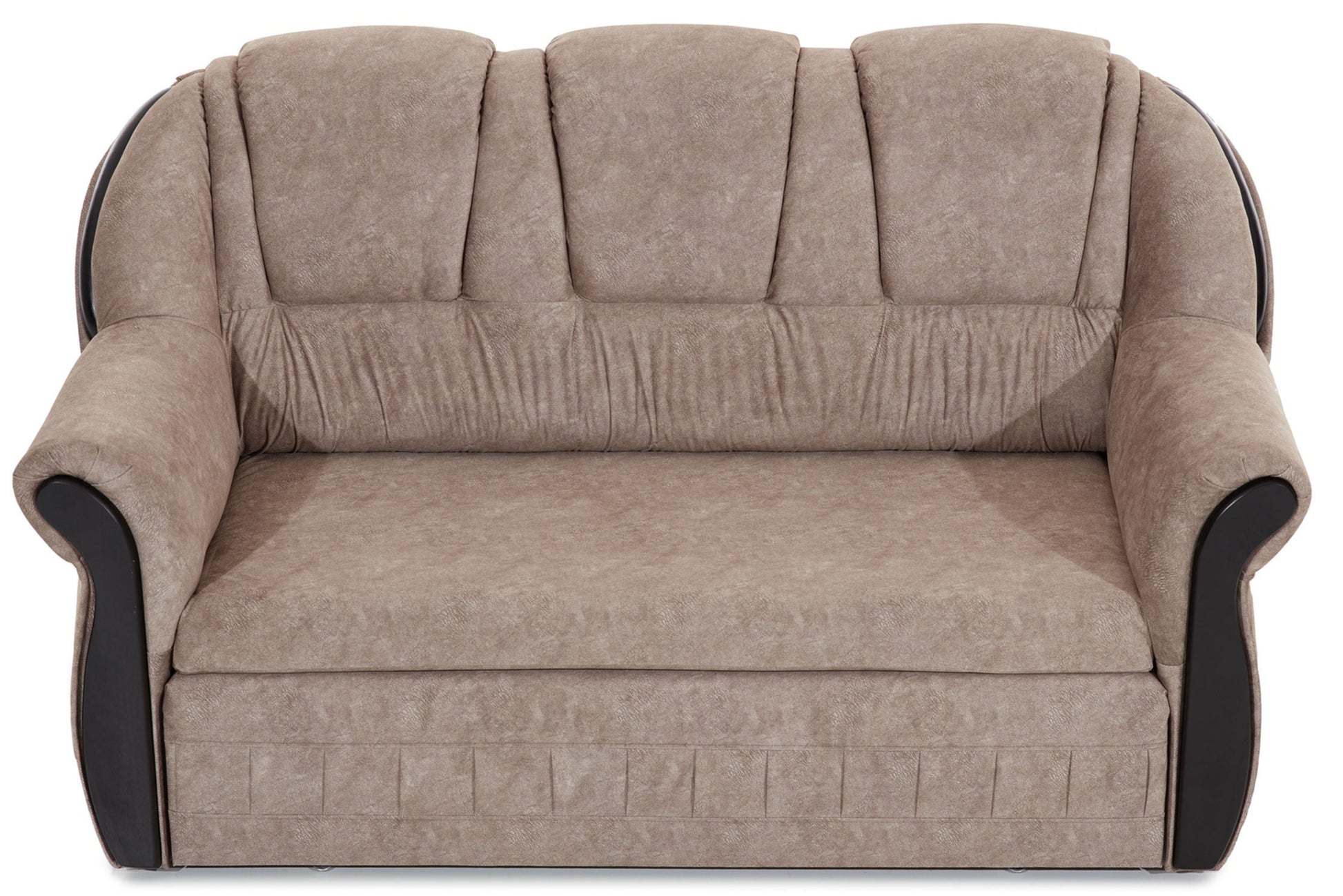 Sofa Lord w beżowym kolorze z wysokim oparciem i ozdobnymi przeszyciami, wykończona ciemnymi akcentami po bokach, ustawiona na białym tle.