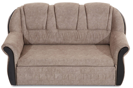 Sofa Lord w beżowym kolorze z wysokim oparciem i ozdobnymi przeszyciami, wykończona ciemnymi akcentami po bokach, ustawiona na białym tle.