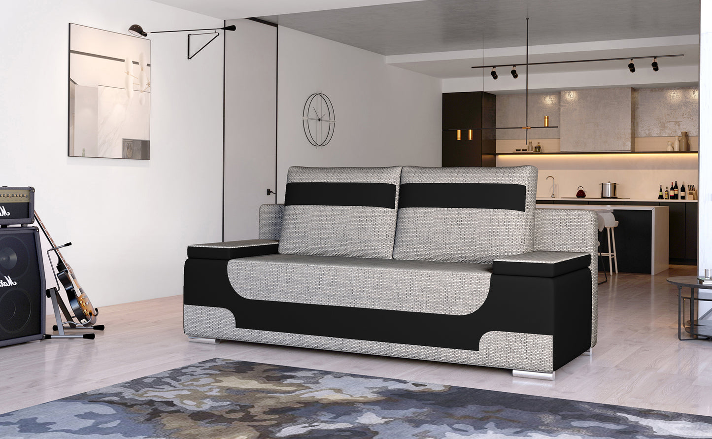 Kanapa rozkładana Area w szarej tkaninie Berlin 01 z czarnymi wstawkami Soft 11, aranżacja salonu