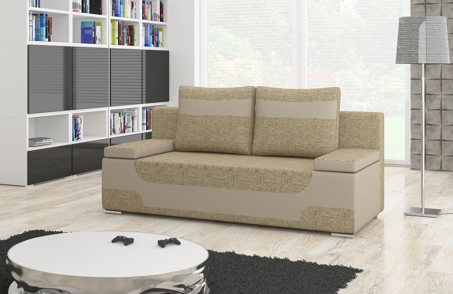 Kanapa rozkładana Area w beżowej tkaninie Berlin 03 z jasnobeżowymi wstawkami Soft 33, aranżacja salonu
