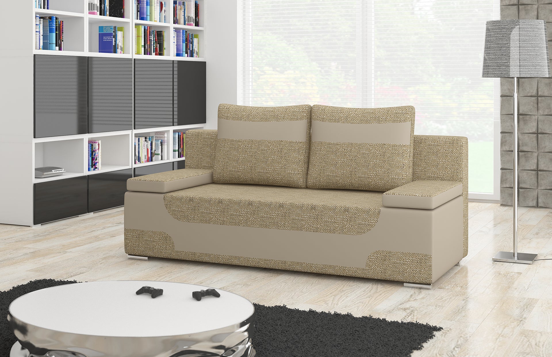 Kanapa rozkładana Area w beżowej tkaninie Berlin 03 z jasnobeżowymi wstawkami Soft 33, aranżacja salonu