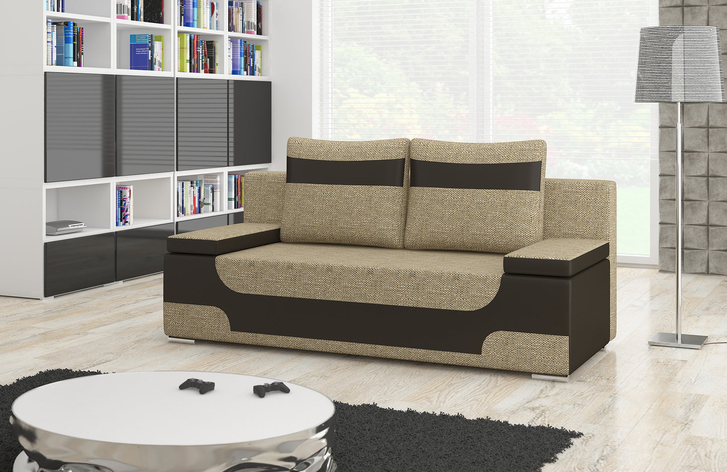 Kanapa rozkładana Area w beżowej tkaninie Berlin 03 z brązowymi wstawkami Soft 66, aranżacja salonu