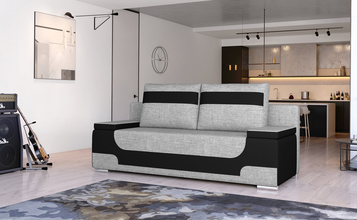 Kanapa rozkładana Area w kolorze szarym z czarnymi wstawkami Soft 11, aranżacja salonu