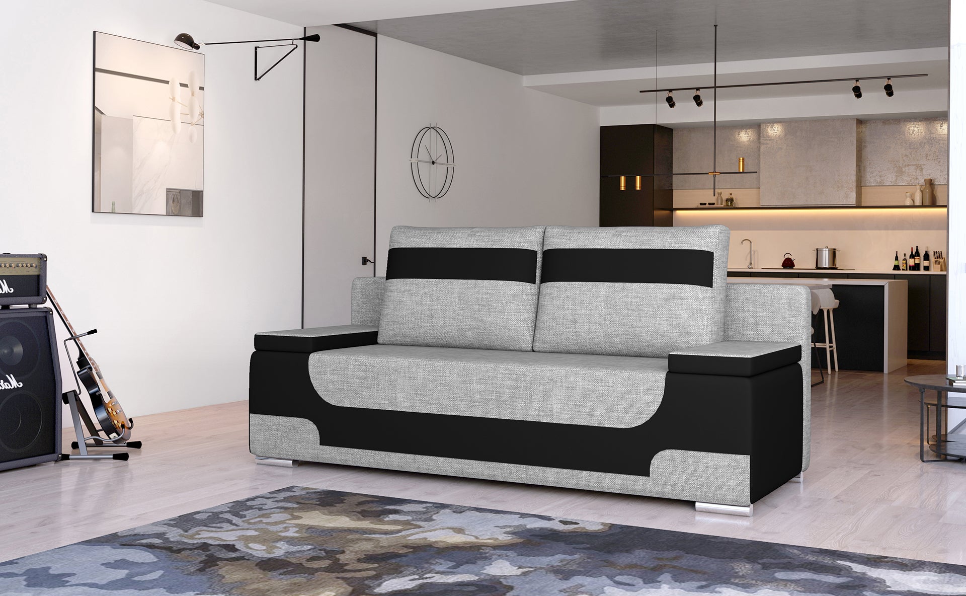 Kanapa rozkładana Area w kolorze szarym z czarnymi wstawkami Soft 11, aranżacja salonu