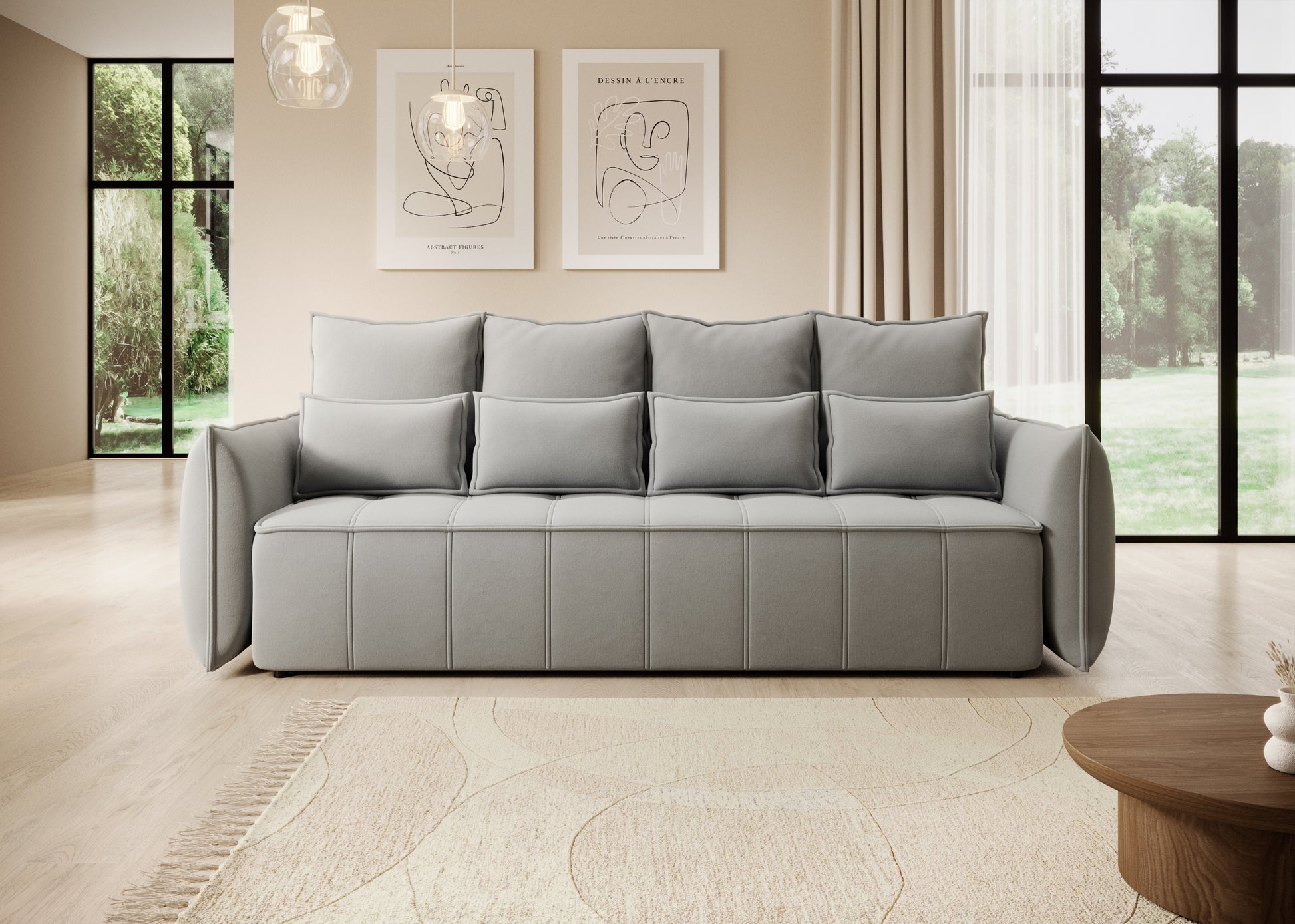 Stylowa sofa Weltton jasnoszara w eleganckim salonie – nowoczesna kanapa z wysokimi poduszkami, idealna do aranżacji wnętrz.