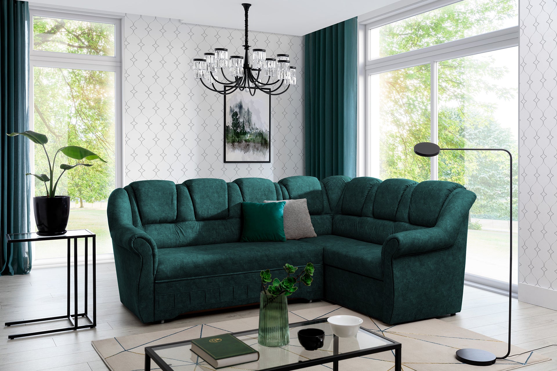 Narożnik Lord II Dora 85 w kolorze butelkowej zieleni prezentujący miękkie siedziska oraz komfortowe oparcia. Designerski narożnik wypoczynkowy do salonu idealny do wnętrz glamour, modern classic i loftowych aranżacji.