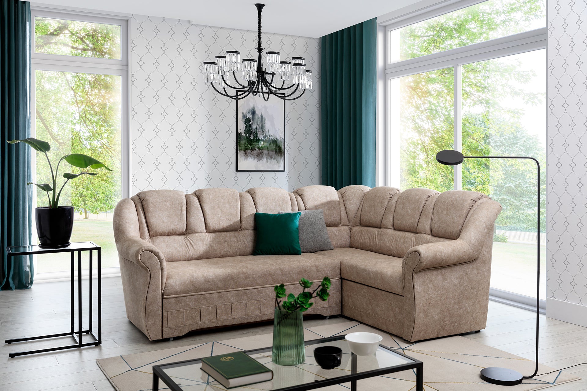 Narożnik Lord II Dora 21 w ciepłym beżowym kolorze prezentujący miękkie siedziska oraz komfortowe oparcia. Designerski narożnik wypoczynkowy do salonu idealny do wnętrz skandynawskich, japandi i modern classic.