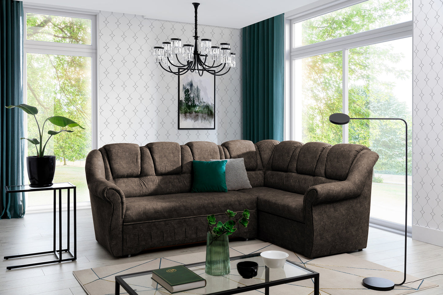 Narożnik Lord II Dora 28 w ciepłym brązowym kolorze prezentujący miękkie siedziska oraz komfortowe oparcia. Designerski narożnik wypoczynkowy do salonu idealny do wnętrz loftowych, modern classic i przytulnych aranżacji.