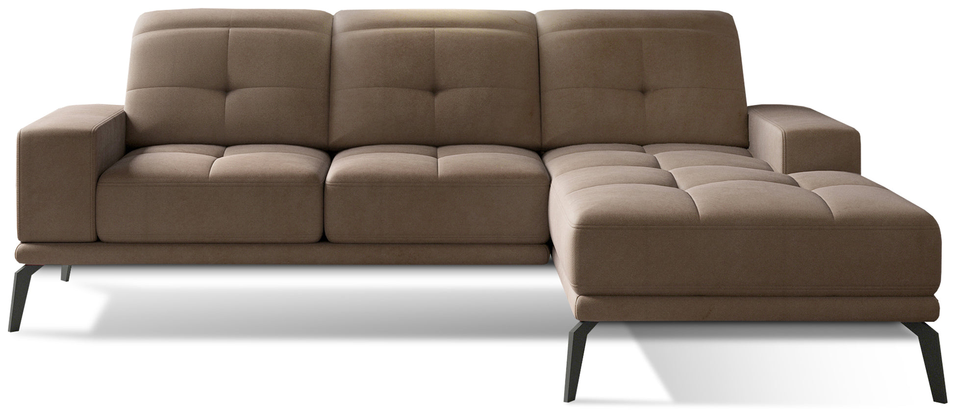 Elegancki narożnik Torrense Monolith 09 z prawym szezlongiem oraz dekoracyjnymi przeszyciami na oparciach. Komfortowy narożnik rodzinny do przestronnego salonu inspirowanego stylem modern oraz soft loft.