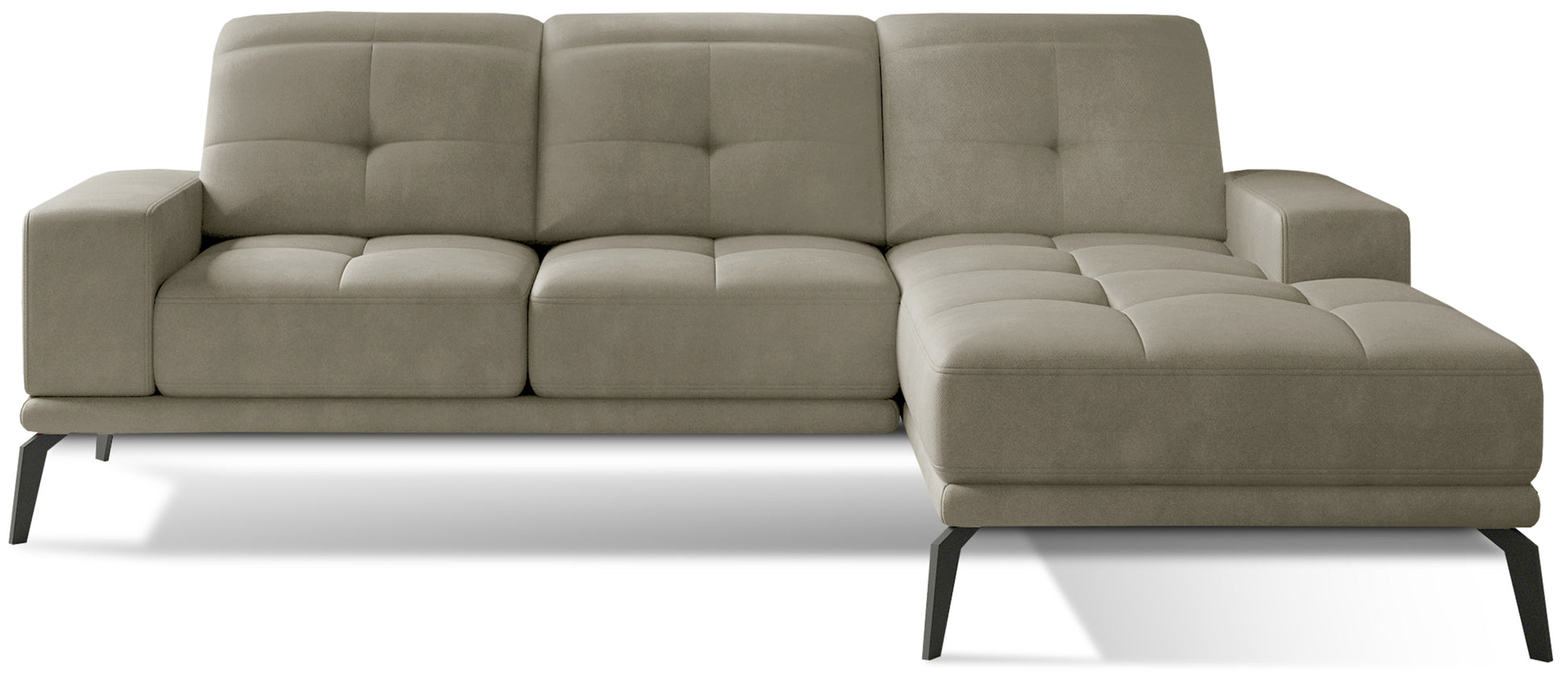 Elegancki narożnik Torrense Paros 02 z prawym szezlongiem oraz dekoracyjnymi przeszyciami na oparciach. Komfortowy narożnik rodzinny do przestronnego salonu inspirowanego stylem modern oraz soft loft.