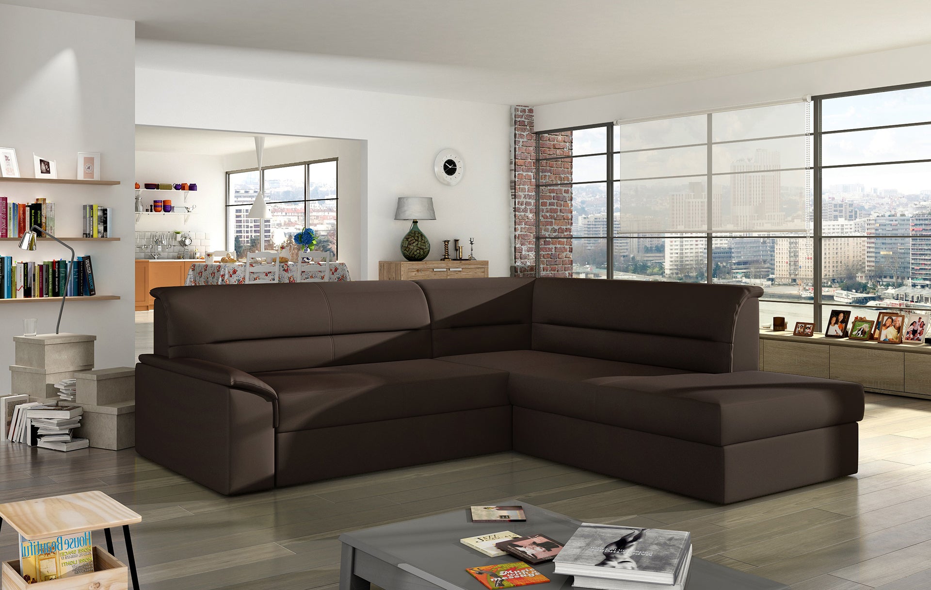 Elegancki narożnik Elano wykonany z tkaniny Soft 66 brązowej prezentuje minimalistyczną formę oraz wygodne szerokie siedziska. Designerski narożnik do rodzinnego salonu podkreśla przytulny charakter wnętrza i zapewnia wysoki komfort wypoczynku każdego dnia.