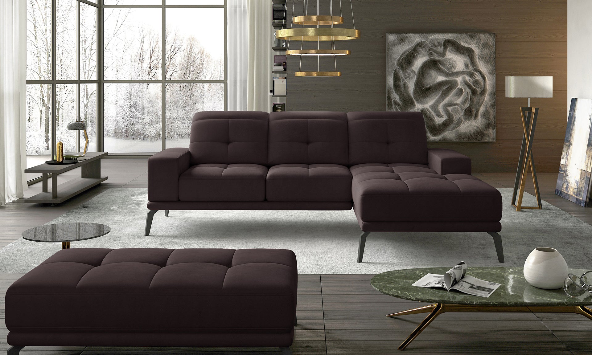 Elegancki narożnik Torrense Matt Velvet 29 z prawym szezlongiem oraz dekoracyjnymi przeszyciami na oparciach. Komfortowy narożnik rodzinny do przestronnego salonu inspirowanego stylem modern, loftowym i soft loft.