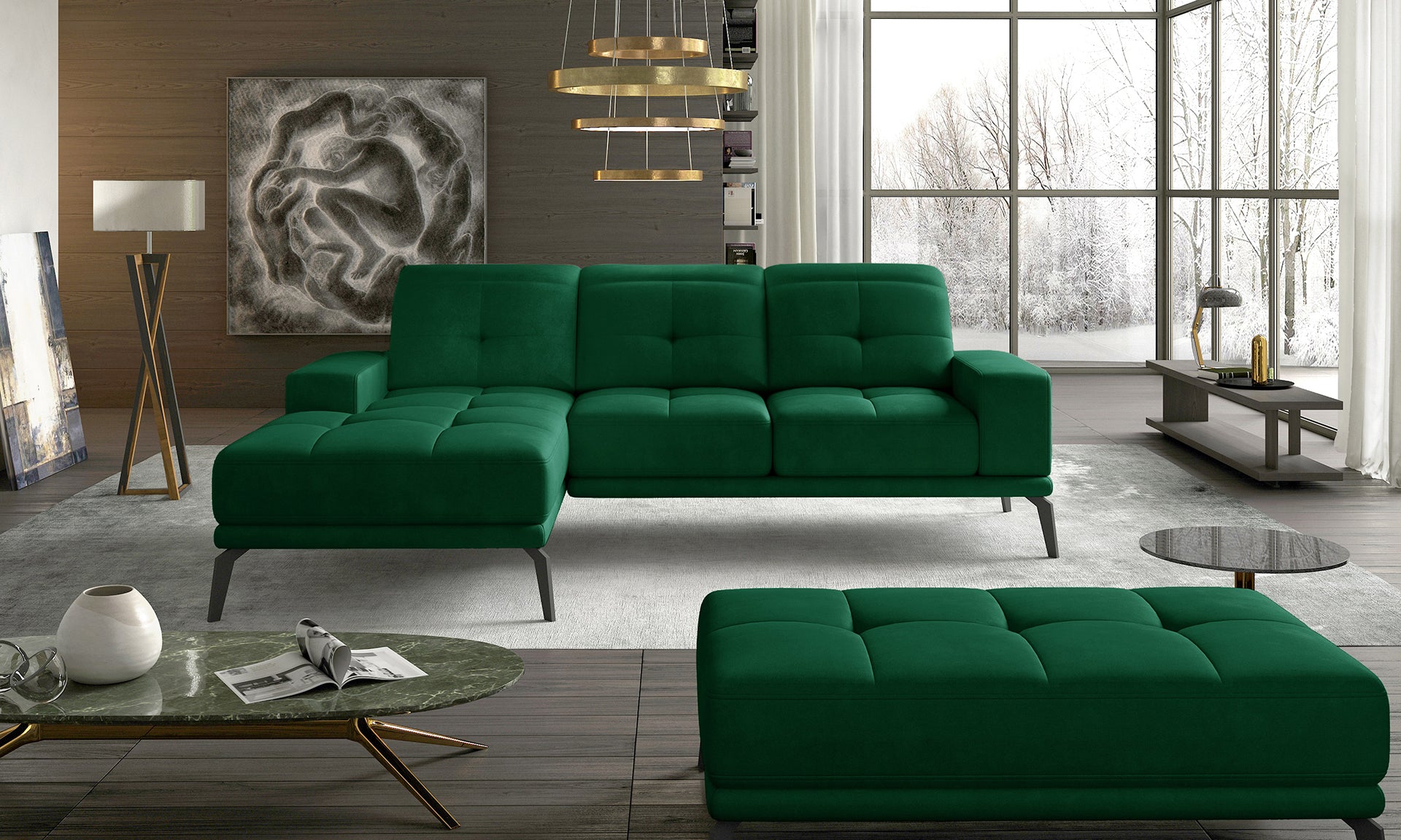 Designerski narożnik w zielonej tkaninie Kronos 19 z wygodnymi poduszkami oparciowymi i nowoczesną linią. Duży narożnik wypoczynkowy do salonu tworzący funkcjonalną strefę codziennego odpoczynku.