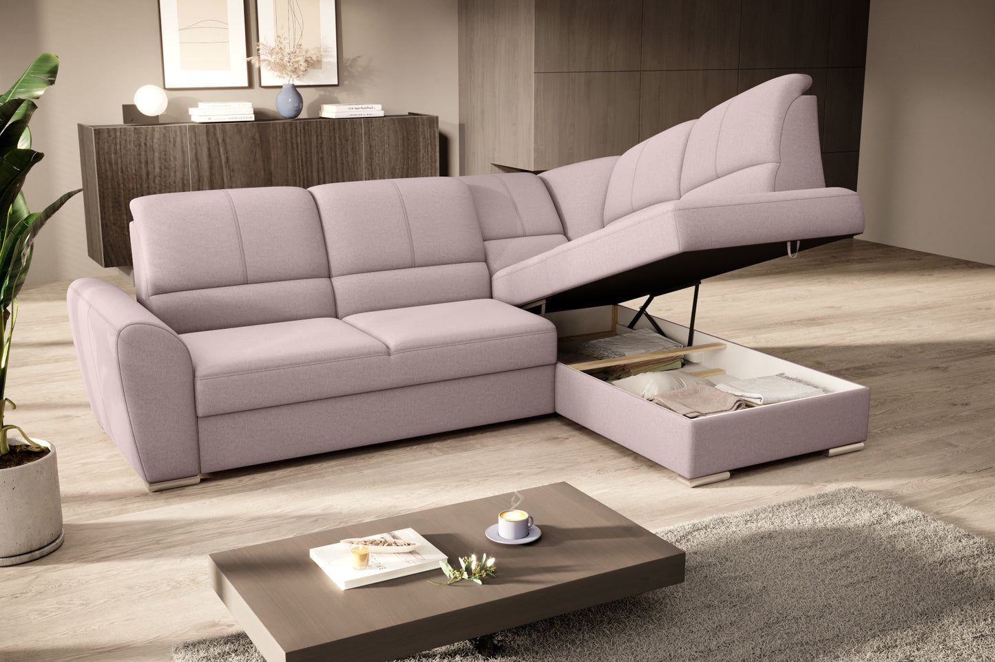Duży narożnik Siber prawy w tkaninie Gojo 101 w kolorze jasnoróżowym to komfortowa sofa wypoczynkowa do salonu, która łączy funkcjonalność z delikatnym i eleganckim wyglądem.