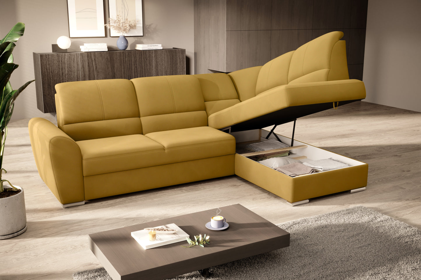 Duży narożnik Siber prawy w tkaninie Loco 45 w kolorze żółtym to komfortowa sofa wypoczynkowa do salonu, która łączy funkcjonalność z modnym, energetycznym wyglądem wnętrza.