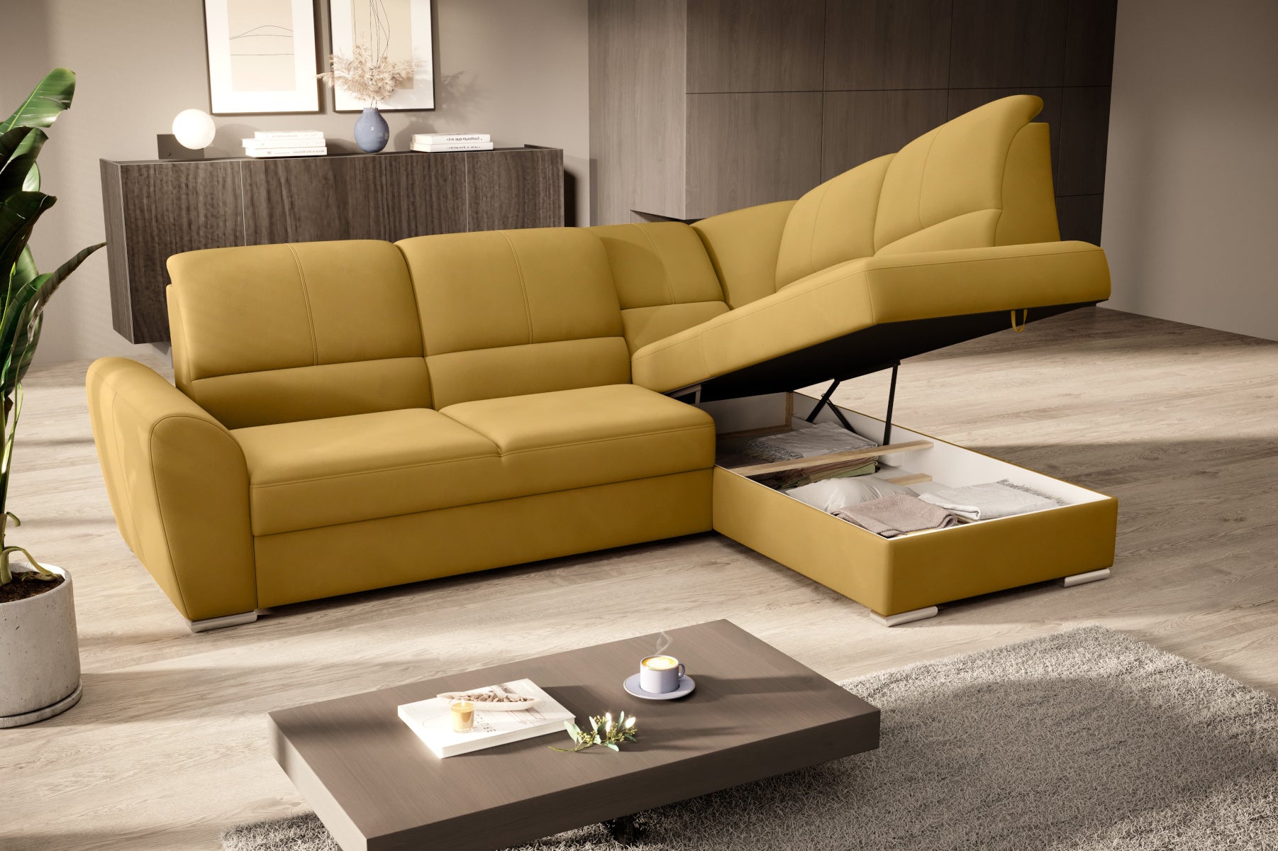 Duży narożnik Siber prawy w tkaninie Loco 45 w kolorze żółtym to komfortowa sofa wypoczynkowa do salonu, która łączy funkcjonalność z modnym, energetycznym wyglądem wnętrza.
