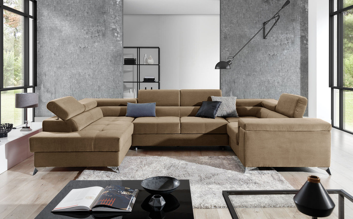 Designerski narożnik Thiago lewy wykonany z tkaniny Monolith 09 prezentuje minimalistyczną bryłę, regulowane zagłówki oraz komfortowe siedziska. Funkcjonalny narożnik do rodzinnego salonu zapewnia wysoki komfort wypoczynku każdego dnia.