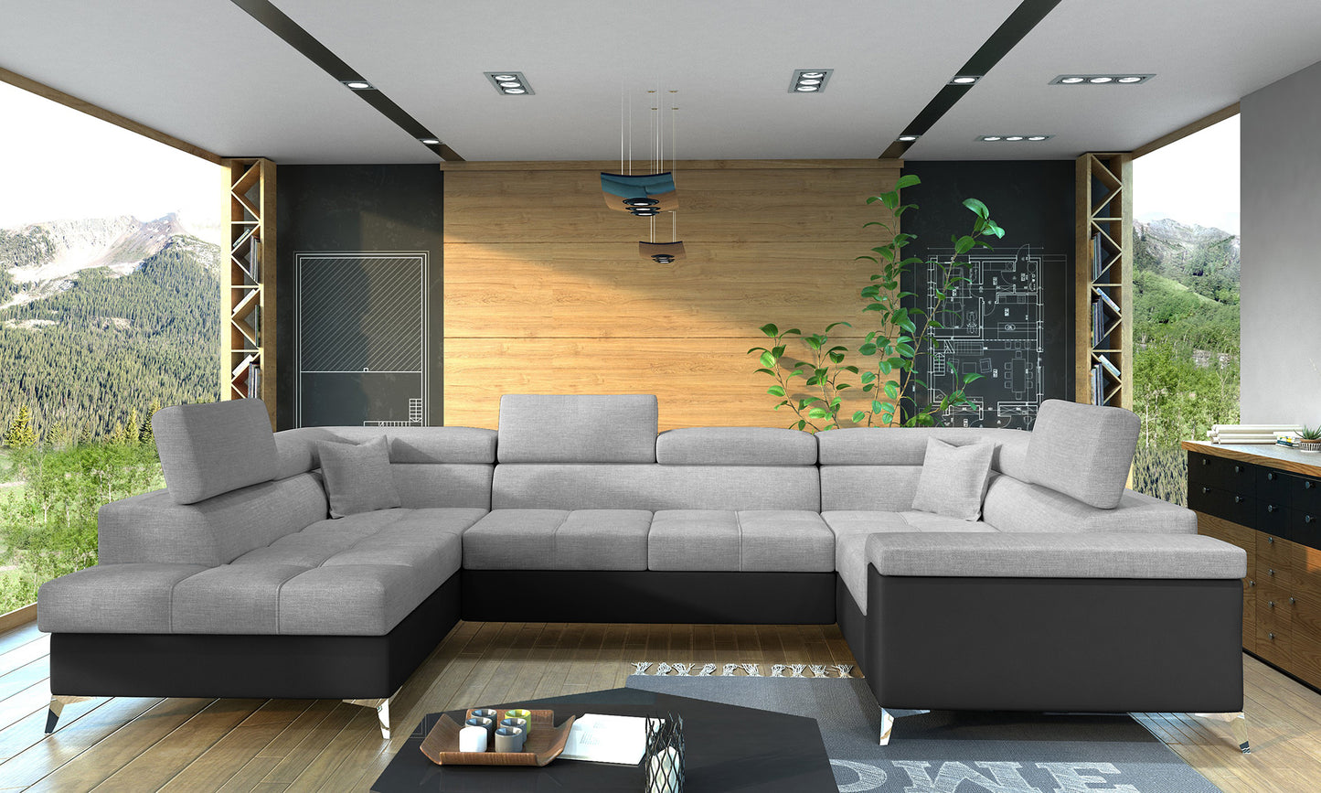 Designerski narożnik Thiago lewy wykonany z tkanin Sawana 21 i Soft 11 prezentuje minimalistyczną bryłę, regulowane zagłówki oraz komfortowe siedziska. Funkcjonalny narożnik do rodzinnego salonu zapewnia wysoki komfort wypoczynku każdego dnia.