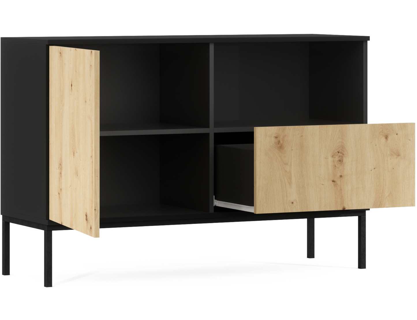 Komoda Lanzzi czarny mat / dąb artisan – front z wnęką, praktyczna przestrzeń i eleganckie zestawienie kolorów.
