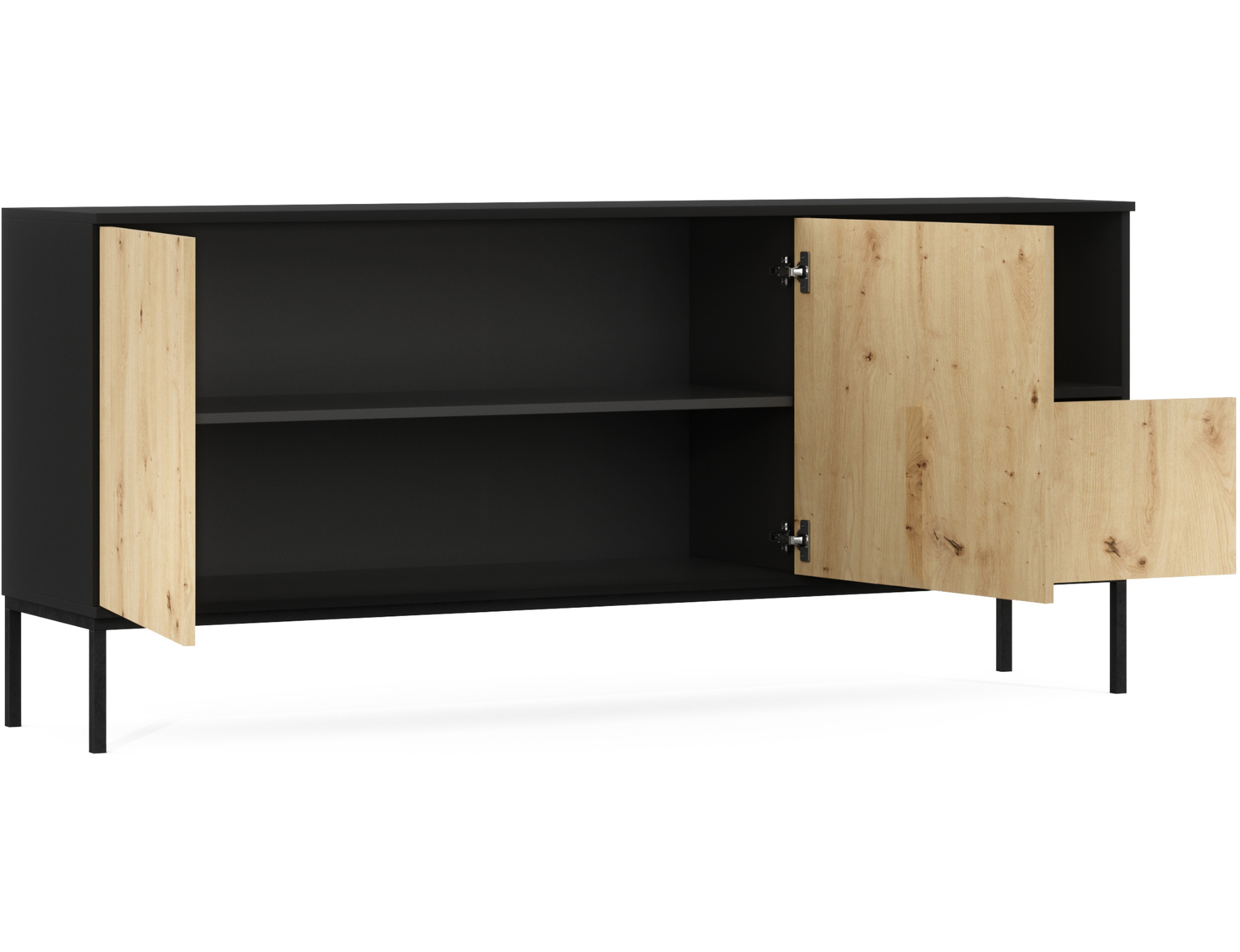 Komoda Lanzzi czarny mat / dąb artisan – front z wnęką, naturalny dekor drewna i minimalistyczny styl.