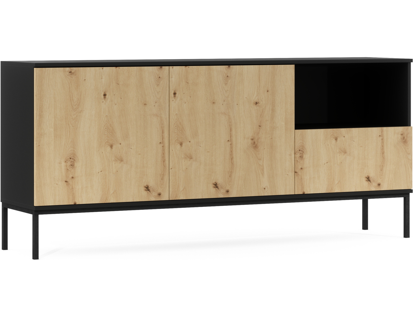 Komoda Lanzzi czarny mat / dąb artisan – ujęcie pod kątem (skos), eleganckie połączenie czerni i drewna.