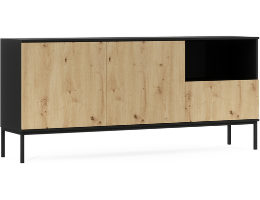 Komoda Lanzzi czarny mat / dąb artisan – ujęcie pod kątem (skos), eleganckie połączenie czerni i drewna.