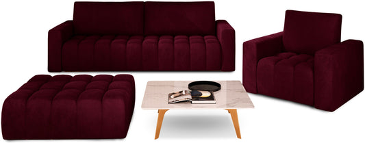 Komplet wypoczynkowy Lazaro w kolorze Matt Velvet 68 bordowy – sofa trzyosobowa, fotel oraz pufa na białym tle, prezentujące nowoczesny design i pikowane siedziska.