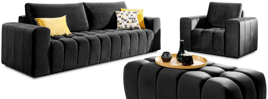 Komplet wypoczynkowy Lazaro w kolorze Monolith 97 ciemnoszary – sofa trzyosobowa, fotel i pufa na białym tle, z widoczną pikowaną tapicerką i nowoczesnym designem.