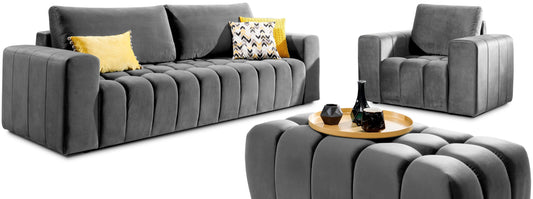 Komplet wypoczynkowy Lazaro w odcieniu Nube 03 szary – nowoczesna sofa trzyosobowa, fotel oraz pufa o miękkim, pikowanym siedzisku, wykonane z welurowej tkaniny na białym tle.