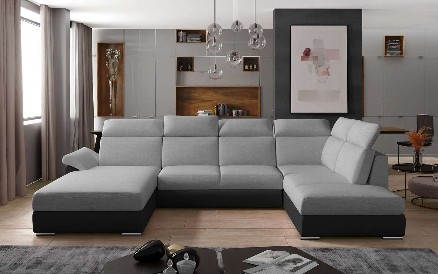 Dwukolorowa sofa narożna Evanell w zestawieniu szarości i czerni, wykonana z materiałów Sawana 21 i Soft 11, zapewnia wygodne siedziska oraz nowoczesny wygląd, idealny do salonu urządzonego w minimalistycznym stylu
