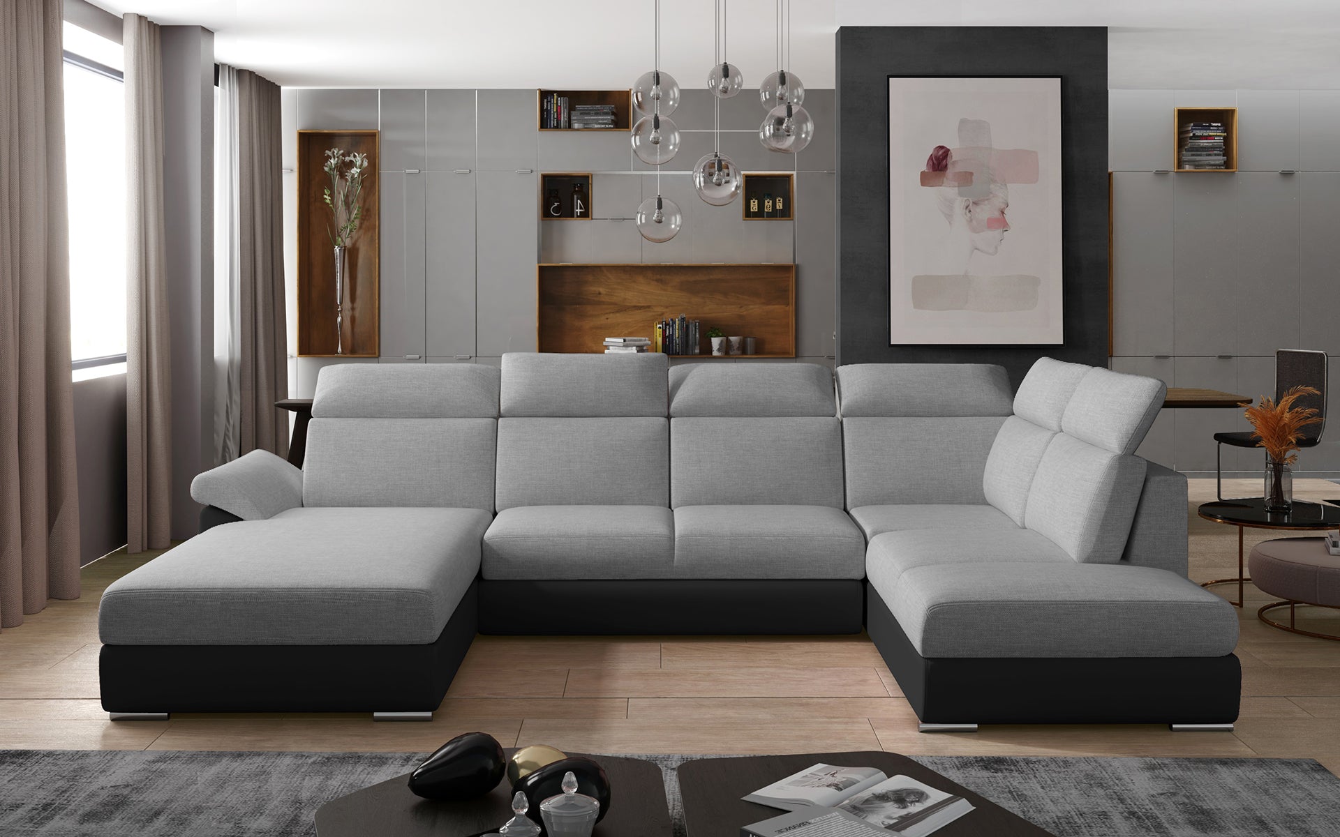 Dwukolorowa sofa narożna Evanell w zestawieniu szarości i czerni, wykonana z materiałów Sawana 21 i Soft 11, zapewnia wygodne siedziska oraz nowoczesny wygląd, idealny do salonu urządzonego w minimalistycznym stylu