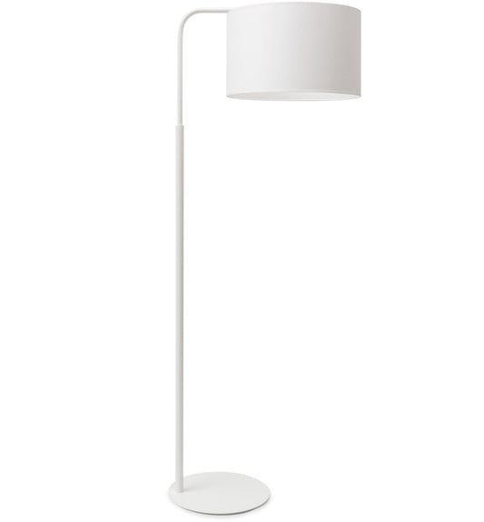 Biała lampa stojąca Vespillo 1 z prostą, cienką metalową podstawą i cylindrycznym abażurem na jednolitym białym tle.