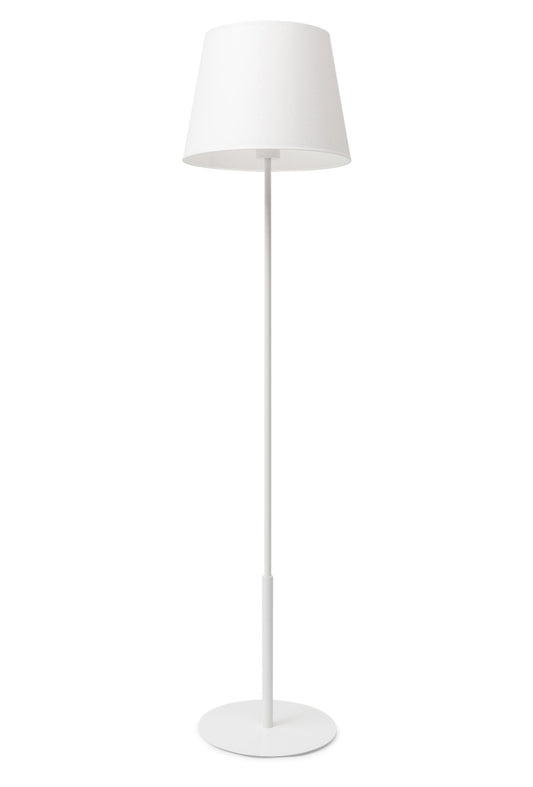 Wolnostojąca lampa Vespillo 1a w kolorze białym, z okrągłą podstawą, smukłą nóżką i stożkowym abażurem na białym tle.