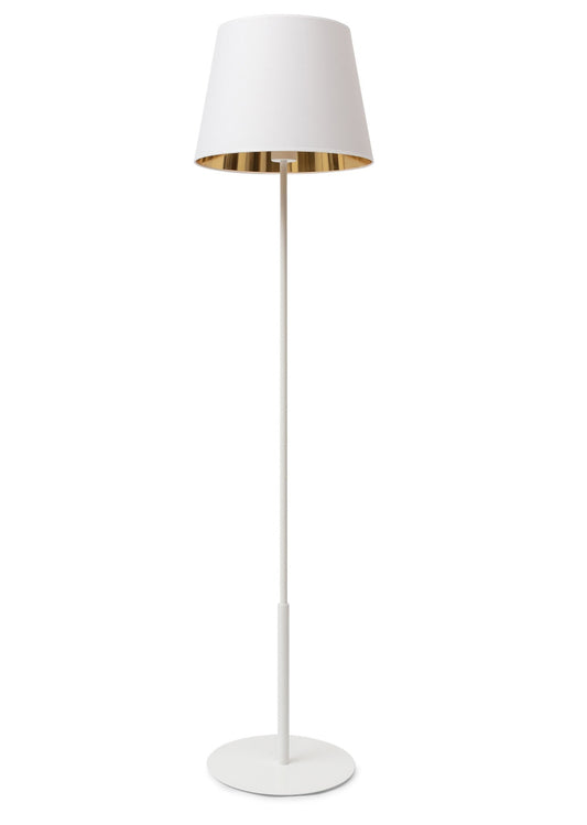 Lampa stojąca Vespillo 1a – wysmukły biały metalowy stelaż zakończony stożkowym, białym abażurem z ozdobnym złotym wnętrzem, widziana na czystym, białym tle.