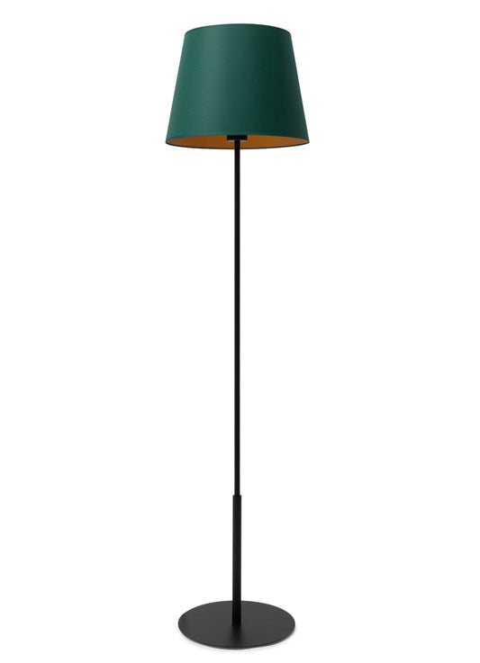 Lampa stojąca Vespillo 1a – smukły czarny metalowy trzonek z okrągłą podstawą i stożkowym abażurem w kolorze ciemnej zieleni, podbita matowym złotym wnętrzem, na białym tle.