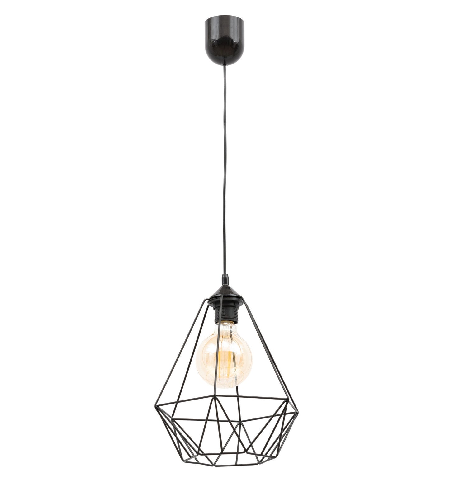 Lampa Benigne 25x90 cm – widok studyjny z żarówką – czarna wisząca lampa sufitowa o geometrycznym kloszu w stylu loftowym z dekoracyjną żarówką.