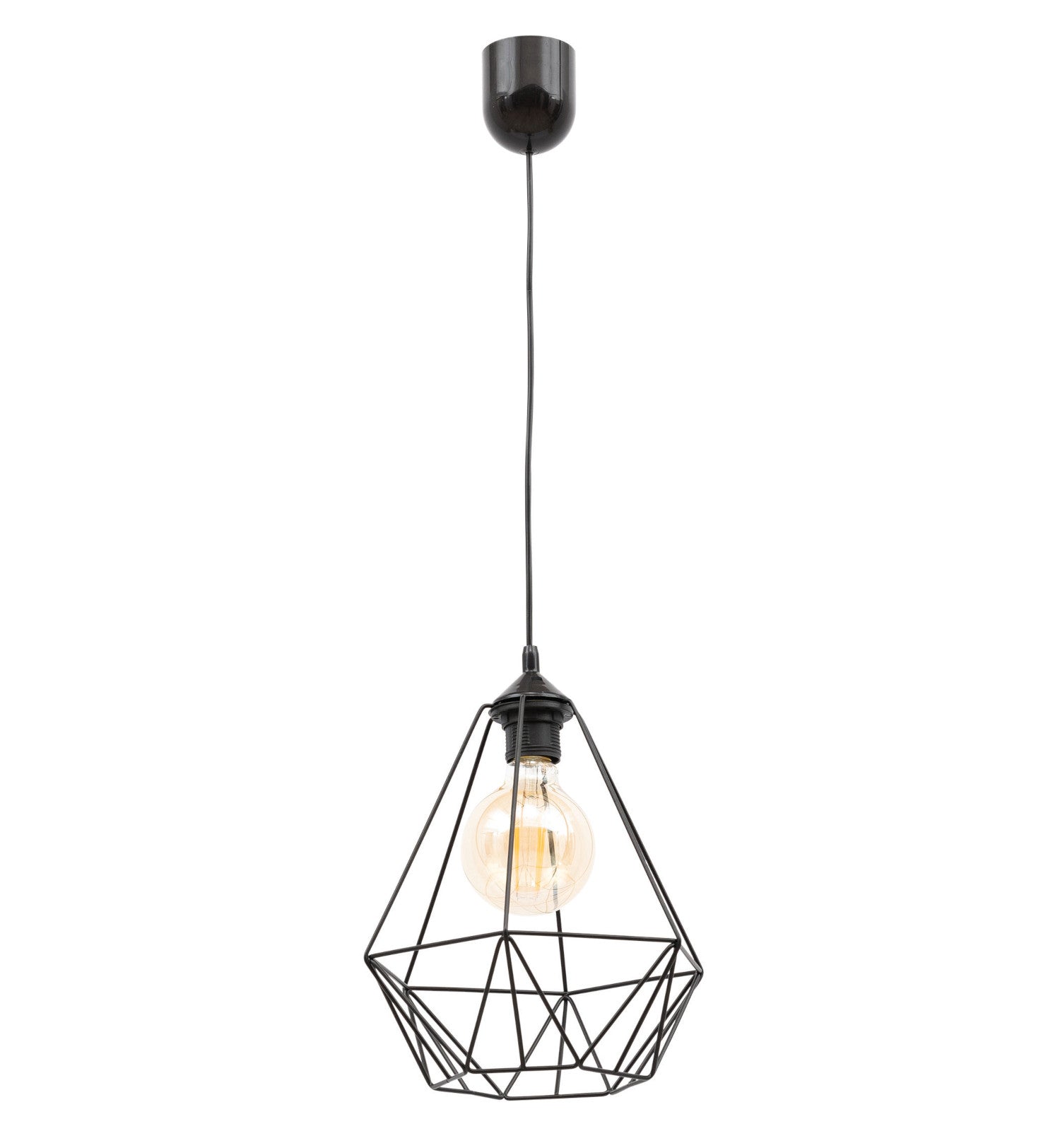 Lampa Benigne 25x90 cm – widok studyjny z żarówką – czarna wisząca lampa sufitowa o geometrycznym kloszu w stylu loftowym z dekoracyjną żarówką.