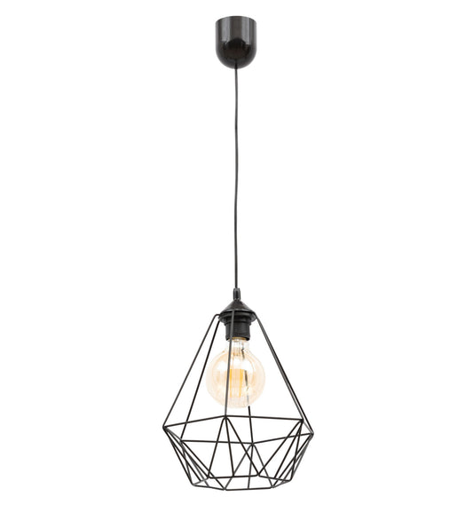 Lampa Benigne 25x90 cm – widok studyjny z żarówką – czarna wisząca lampa sufitowa o geometrycznym kloszu w stylu loftowym z dekoracyjną żarówką.