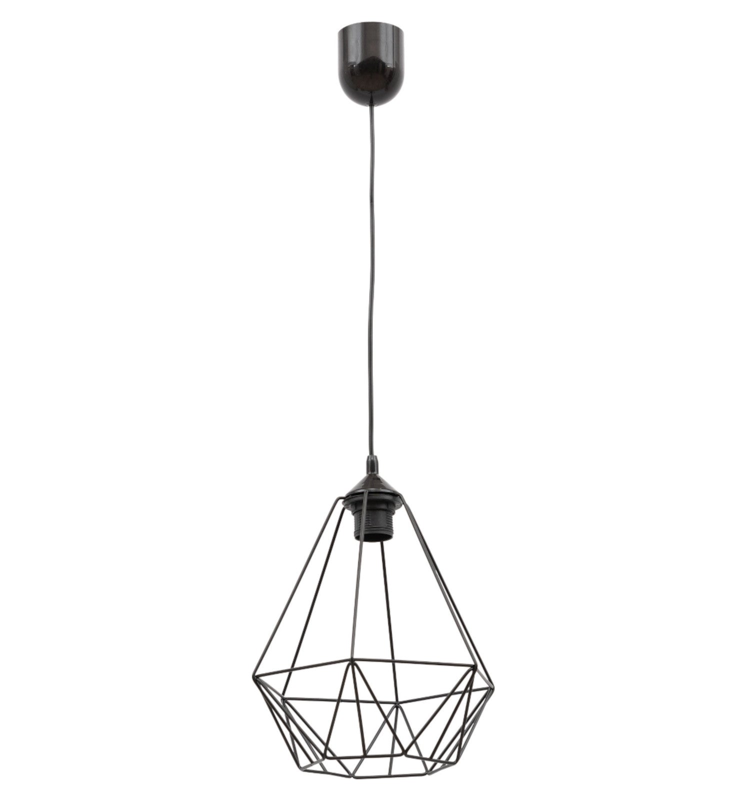 Lampa Benigne 25x90 cm – widok studyjny bez żarówki – metalowa lampa sufitowa w kształcie geometrycznego kosza, w kolorze czarnym.