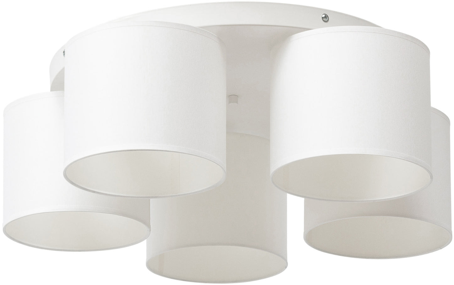 Lampa sufitowa Vespillo 5 w kolorze białym z pięcioma cylindrycznymi abażurami zamocowanymi do okrągłej podsufitki, sfotografowana na jednolitym tle.