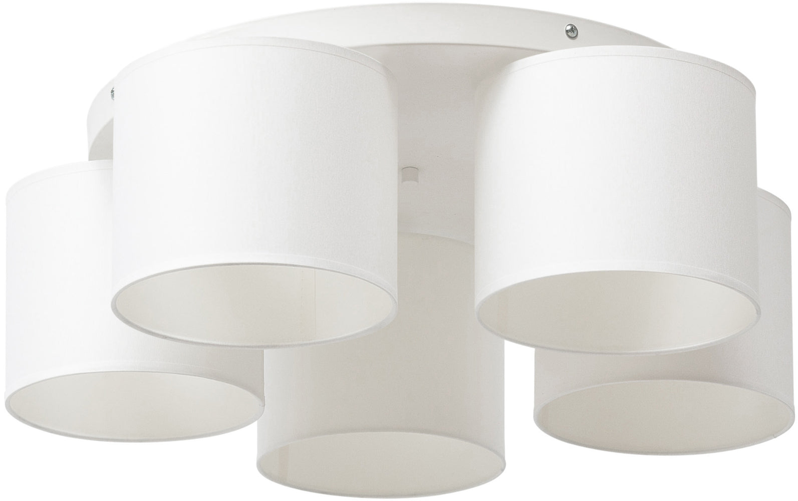 Lampa sufitowa Vespillo 5 w kolorze białym z pięcioma cylindrycznymi abażurami zamocowanymi do okrągłej podsufitki, sfotografowana na jednolitym tle.