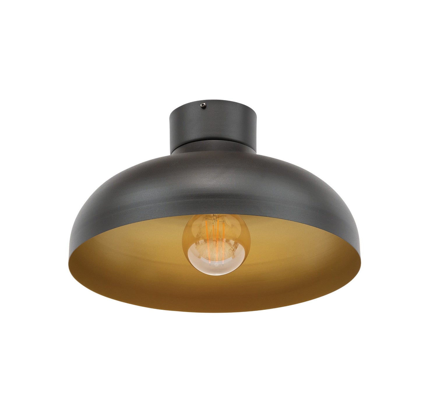 Lampa sufitowa Desolo o średnicy 40 cm w kolorze czarnym ze złotym wnętrzem klosza, widok z przodu na białym tle.