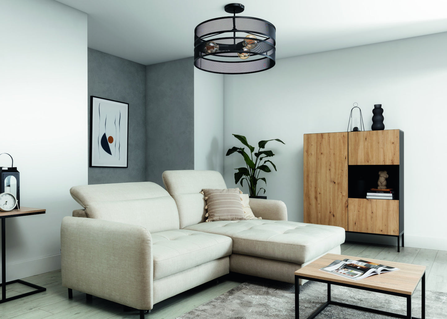 Lampa sufitowa Orabela A czarna Ø55 cm – aranżacja w jasnym salonie