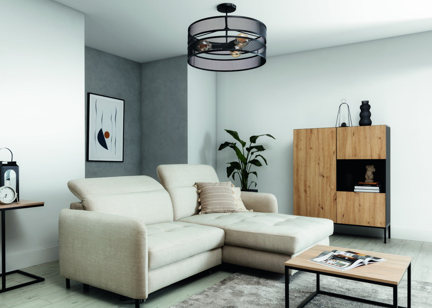Lampa sufitowa Orabela A czarna Ø55 cm – aranżacja w jasnym salonie