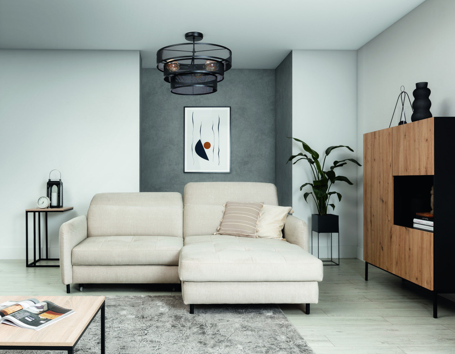 Lampa sufitowa Orabela B czarna Ø55 cm – aranżacja w jasnym salonie