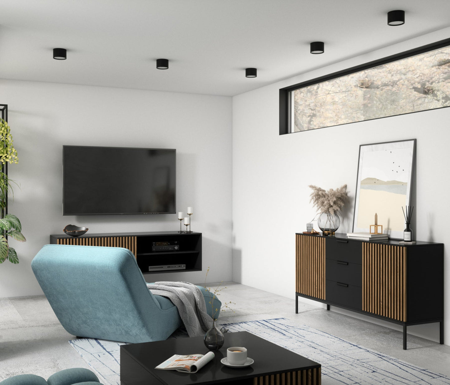 Lampa sufitowa Vallum 1C czarna w aranżacji nowoczesnego salonu – plafon LED na suficie