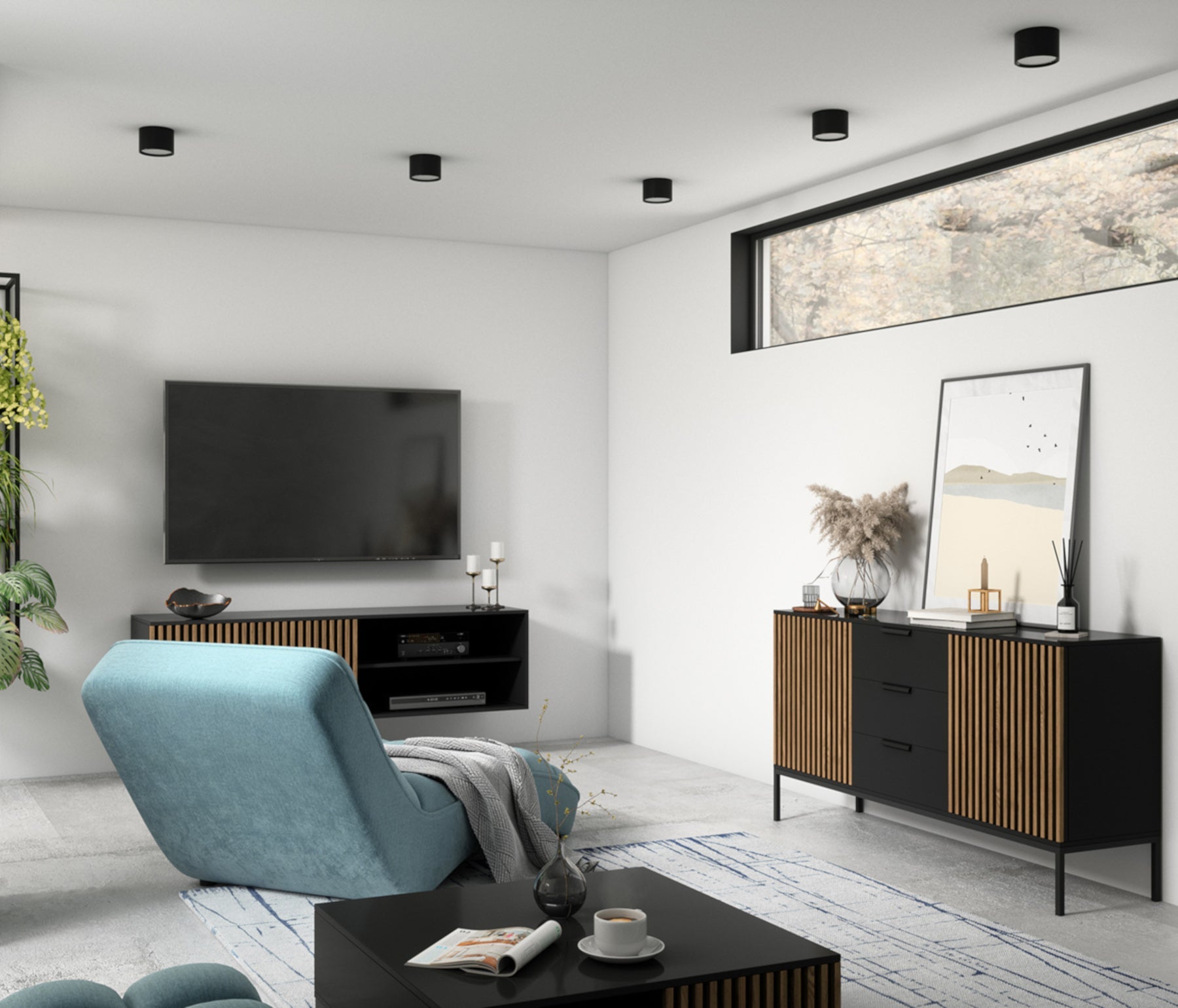 Lampa sufitowa Vallum 1C czarna w aranżacji nowoczesnego salonu – plafon LED na suficie