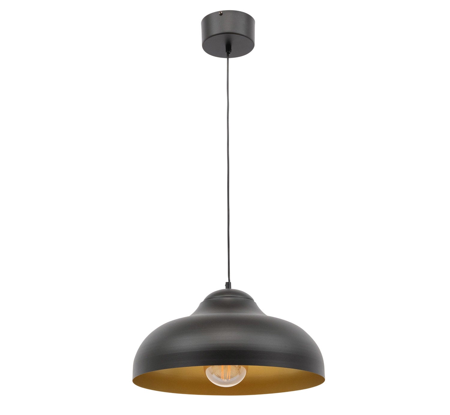 Lampa wisząca Desolo o wymiarach 40x130 cm w kolorze czarnym ze złotym wnętrzem klosza, widok na białym tle.