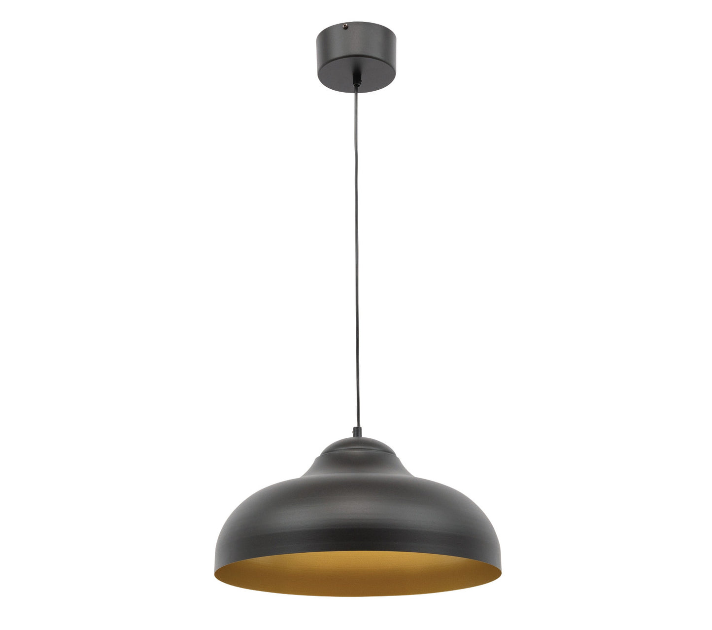 Lampa wisząca Desolo o wymiarach 40x130 cm w kolorze czarnym ze złotym wnętrzem klosza, widok z przodu na białym tle.