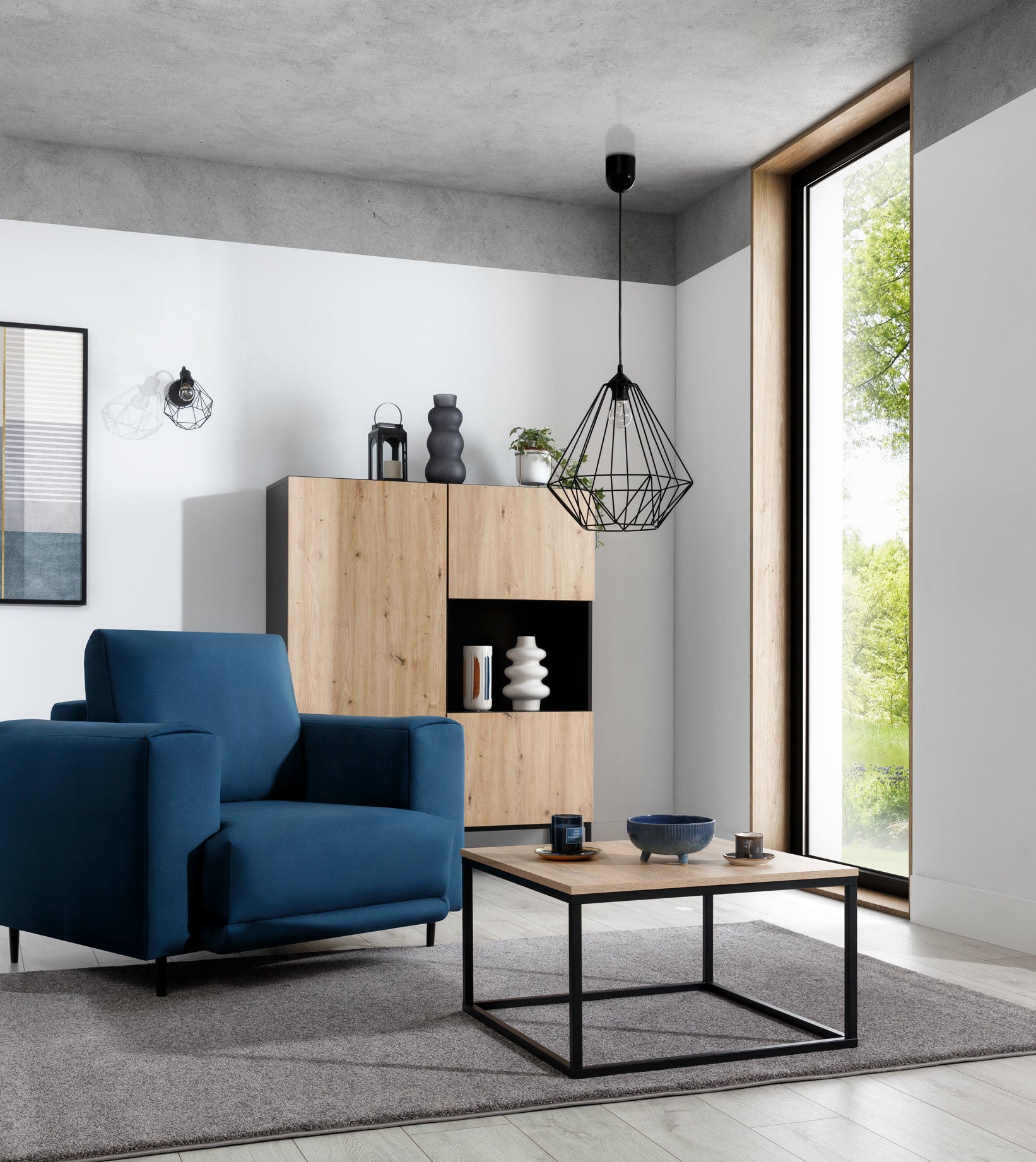 Lampa Benigne II 35x90 cm – aranżacja w salonie – nowoczesna lampa wisząca z czarnym kloszem w stylu loftowym, zawieszona nad stolikiem kawowym przy dużym oknie.